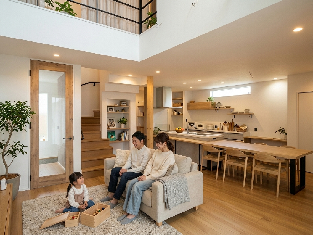 吹き抜けがつくる、光と開放感のデザイン住宅。
